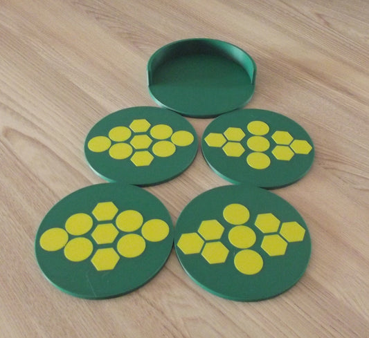 Yellow and Gold Patterned Round Coasters with Holder | 3D Printed