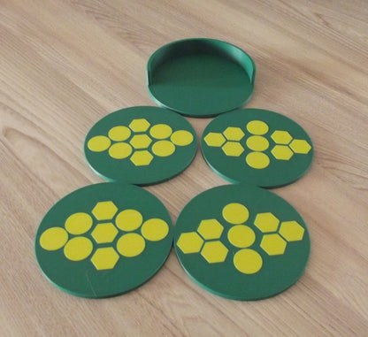 Yellow and Gold Patterned Round Coasters with Holder | 3D Printed