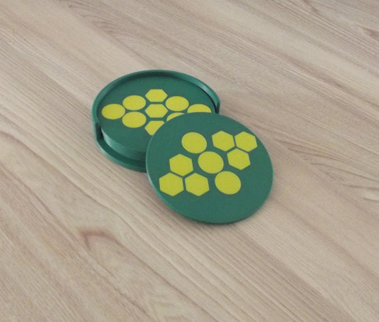 Yellow and Gold Patterned Round Coasters with Holder | 3D Printed